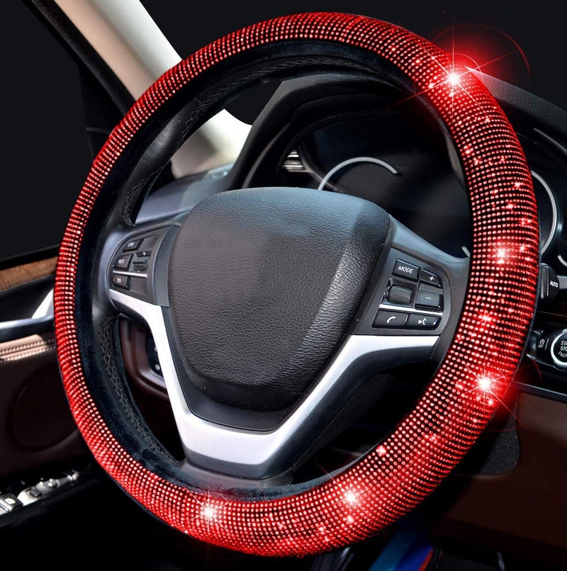 Valleycomfy Steering Wheel Cover for Women Bling Bling Crystal Diamond Sparkling Car SUV Wheel Protector Universal Fit 15 Inch (Black with Red Diamond,Standard Size(14" 1/2-15" 1/4)) - Image 2
